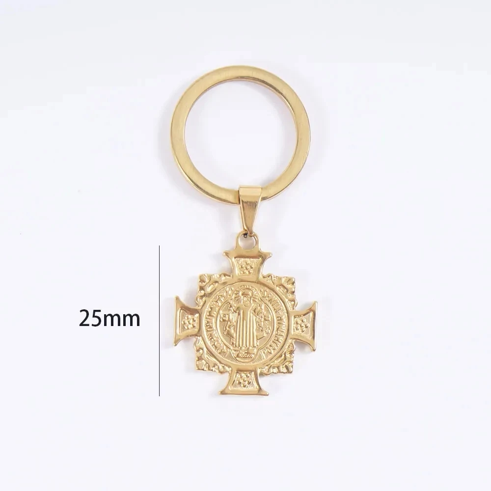 Virgin Mary San Benito Cross Keychain Gold/Silver Color Stainless Steel Metal St Benedict Virgen Maria Keyring acero inoxidable