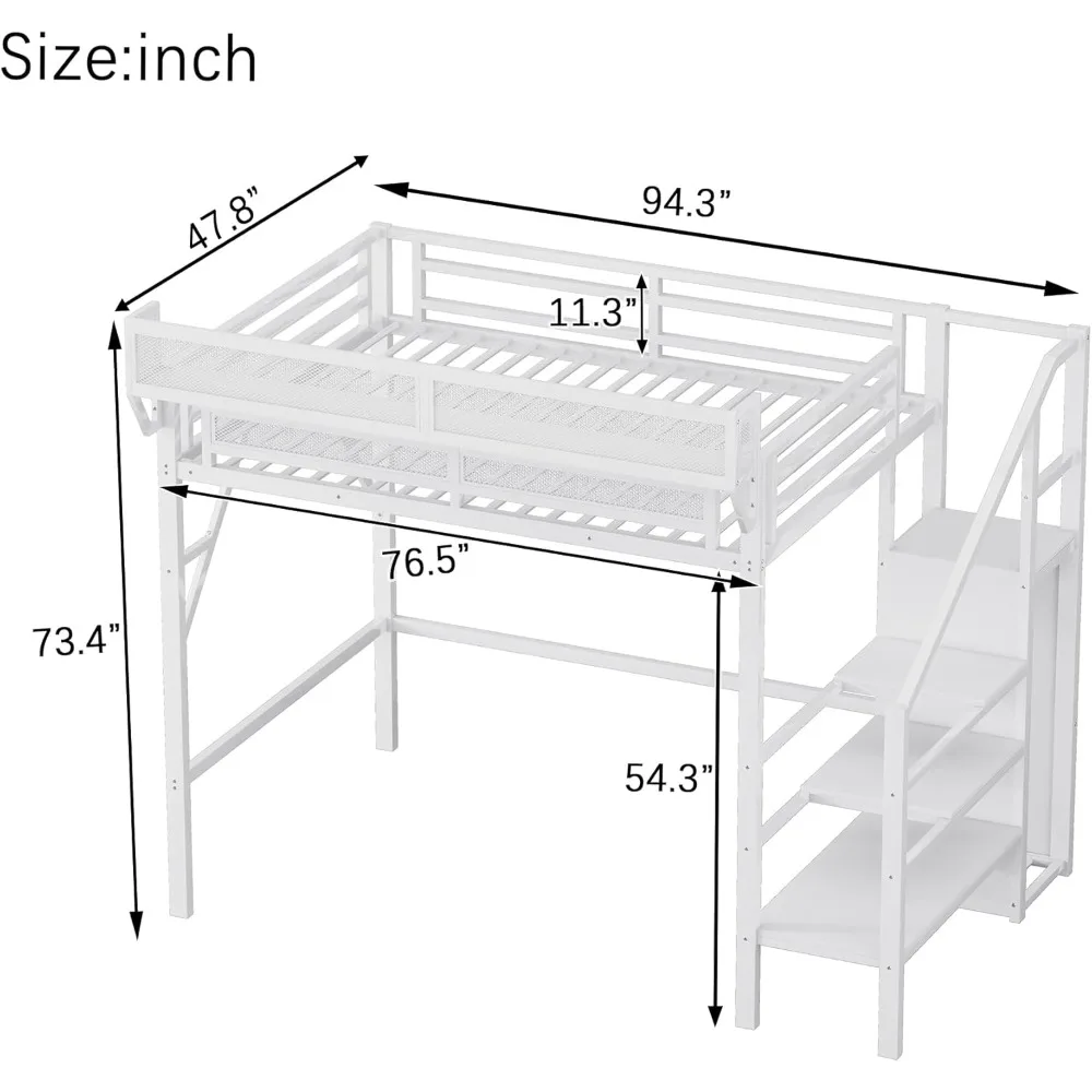 Wardrobe, Loft Bed with Solid Twin Size Metal Loft Bed Frame with Convertible Staircase, Built-in Storage Shelves