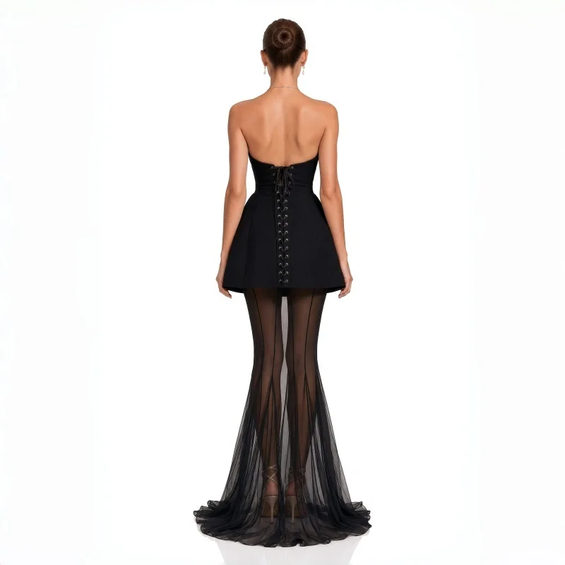 Customized Black Satin Strapless A-Line Prom Dresses Tulle Skirt vestidos de noiva Elegant Floor-Length Evening Dress