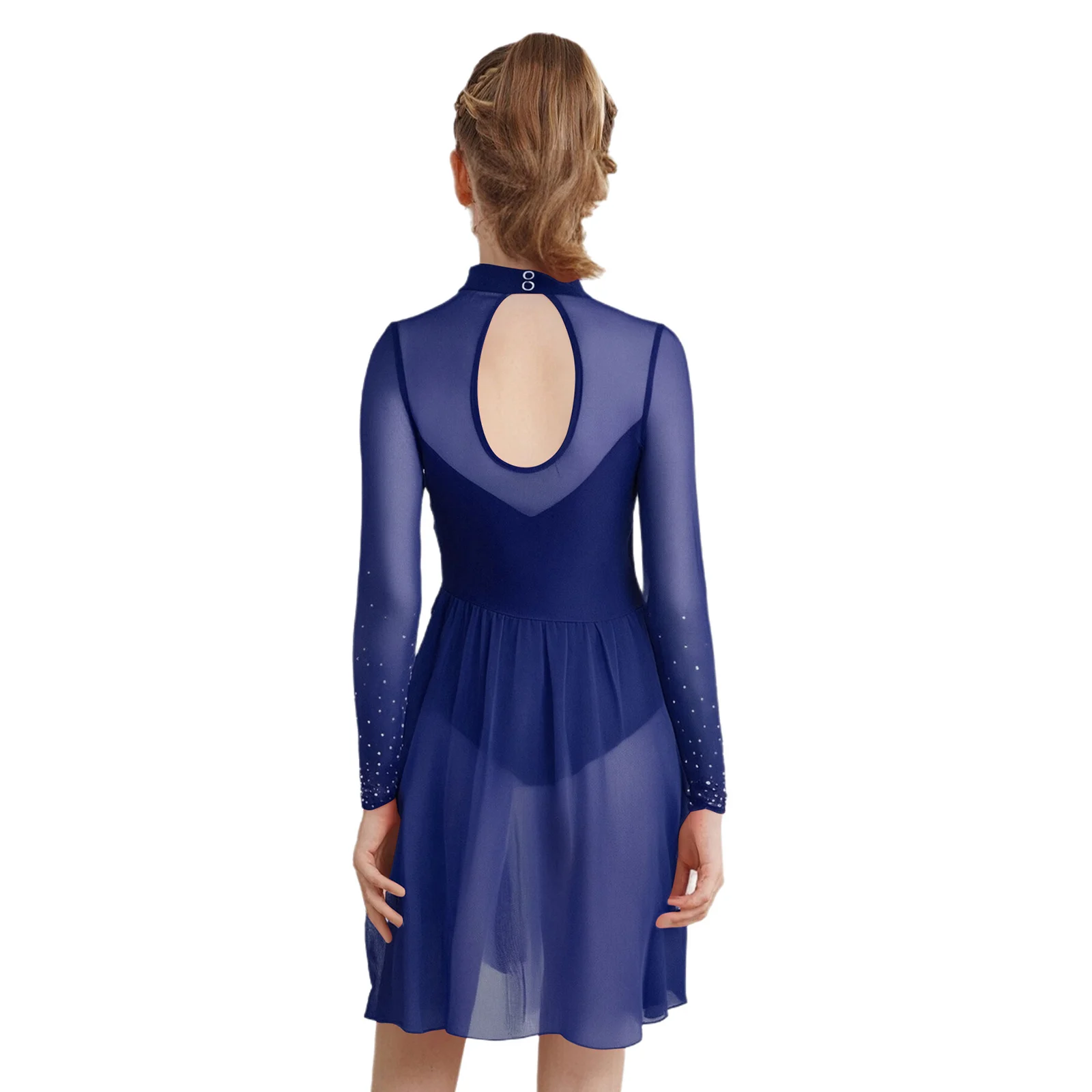 Girls Gymnastics Modern Dance Dress Long Sleeves Shiny Rhinestones Dress with Built-in Briefs for Latin Jazz Dance Performance