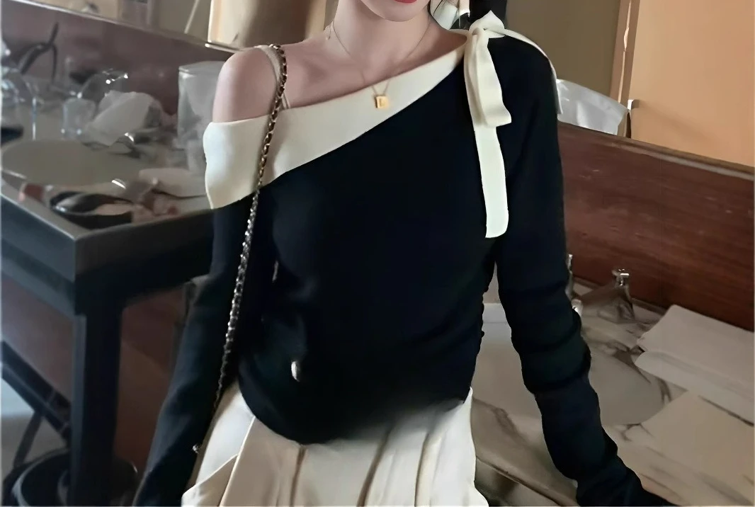 

Black Slanted Shoulder Off-shoulder Knitted Top Women's Autumn New Inner Bottoming Shirt Niche