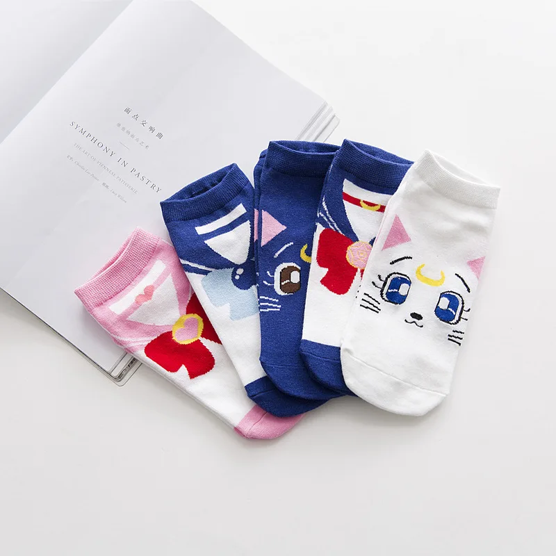 Women Anime Sailor Bow Socks Cute Girls Kawaii Girls Cartoon Blue Cat White Kitty Socks JK Uniform Wearing Birthday Gifts