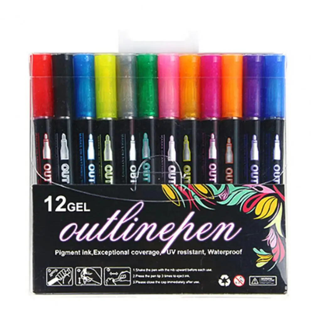 12ชิ้นปากการ่างเส้นคู่ set pulpen สีเมทัลลิกปากกาเขียนข้อความแวววาวศิลปะทำมือบัตรอวยพรปากการ่าง