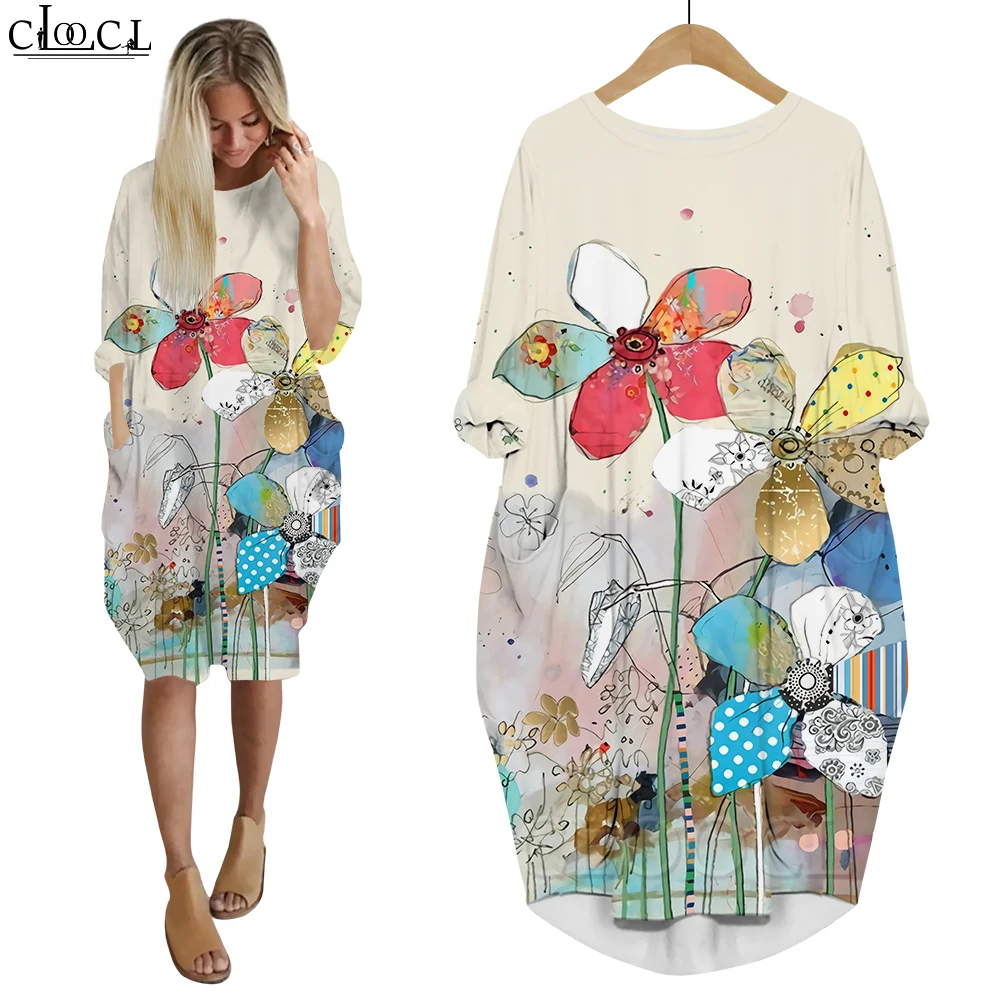 CLOOCL Vestidos เสื้อแขนยาว DRAGONFLY Floret พิมพ์หลวมกับกระเป๋าใหม่แฟชั่น Elegant ขนาดใหญ่ Robe