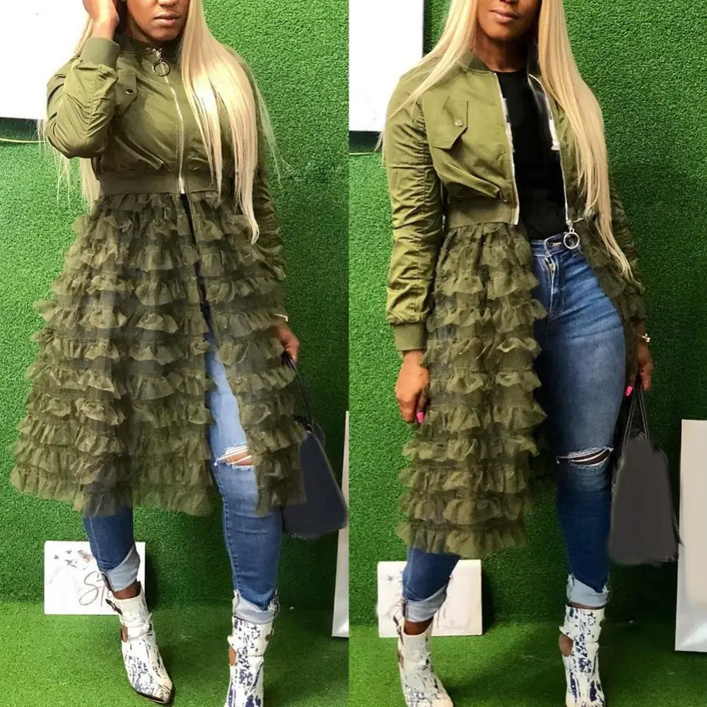 Elegant Lacework Mesh Midi Dress Coat Vintge Mesh Flower Edge Trench Coat Lace Skirt Mid Length Jacket Women Windbreaker