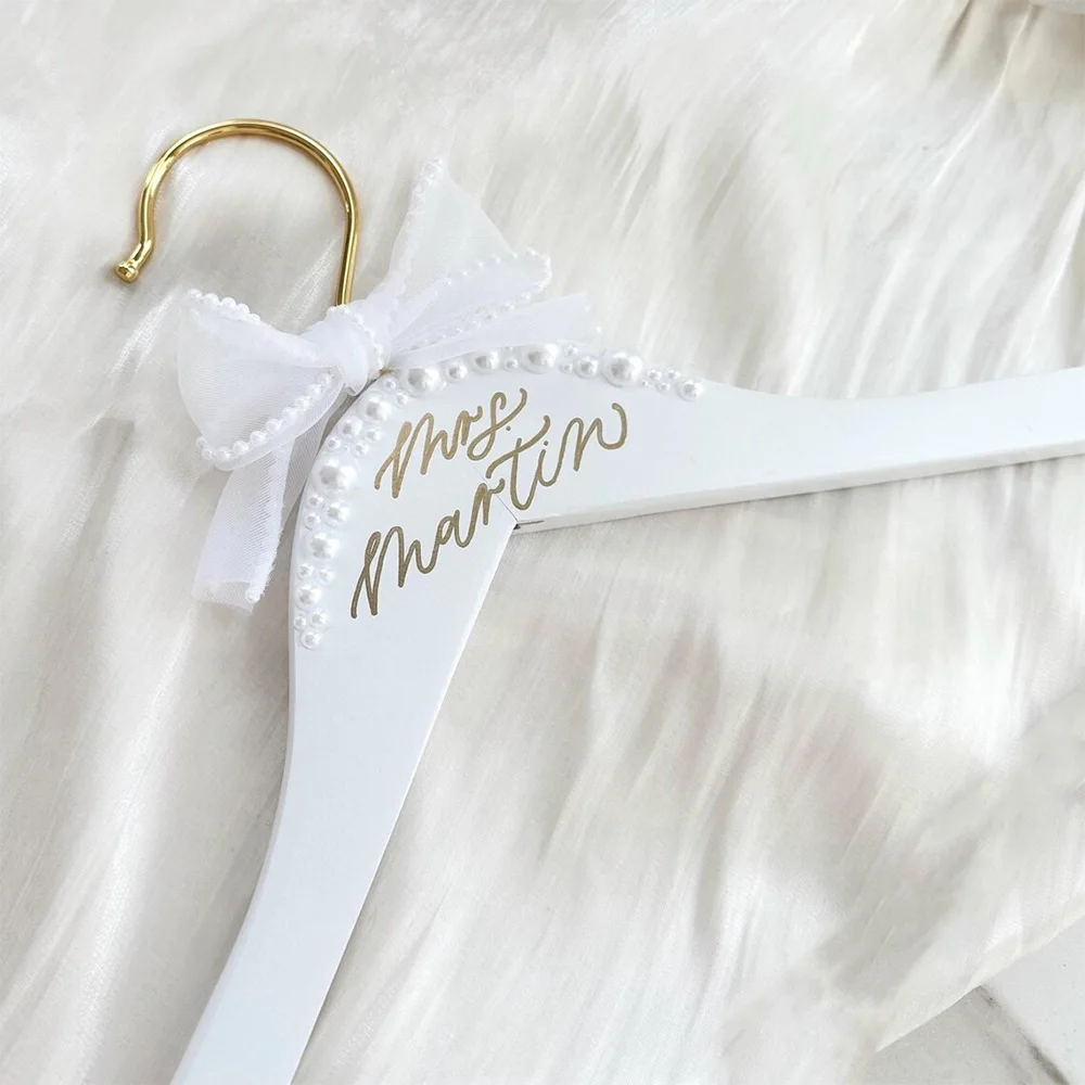

Personalized Wedding Dress Robe pearls white Hanger bachelorette party bridal shower decoration Mrs Bride Wifey bridesmaid gift
