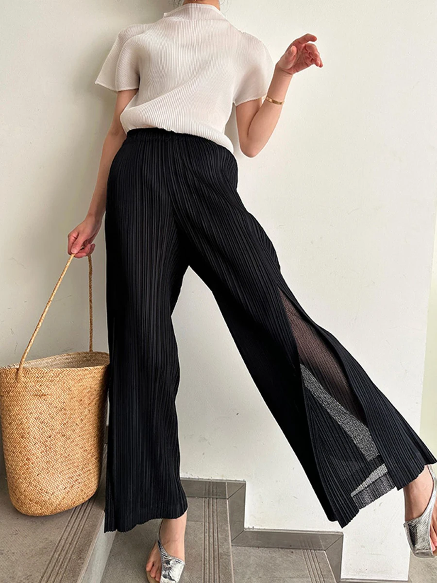 Miyake Pleated Mesh Spliced Casual Pants Women 2023 Summer Korean Fashion Designer Elastic Waist Cropped Straight Wide Leg Pants