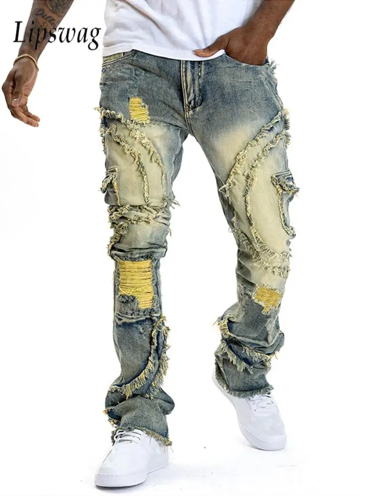

Y2K Style Tassel Ripped Jeans For Mens Spring Summer Trendy Stretch Slim Fit Straight Jeans Men Vintage Patchwork Denim Trousers