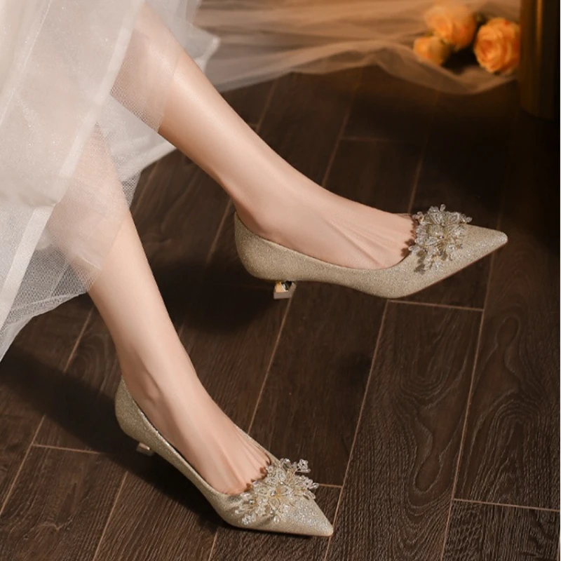 2025  Leisure Classic Pumps Female Slip on Thin High Heels Pointed Toe Wedding Shoes for Women Flower Crystal Bling Summer Shoes - view 4