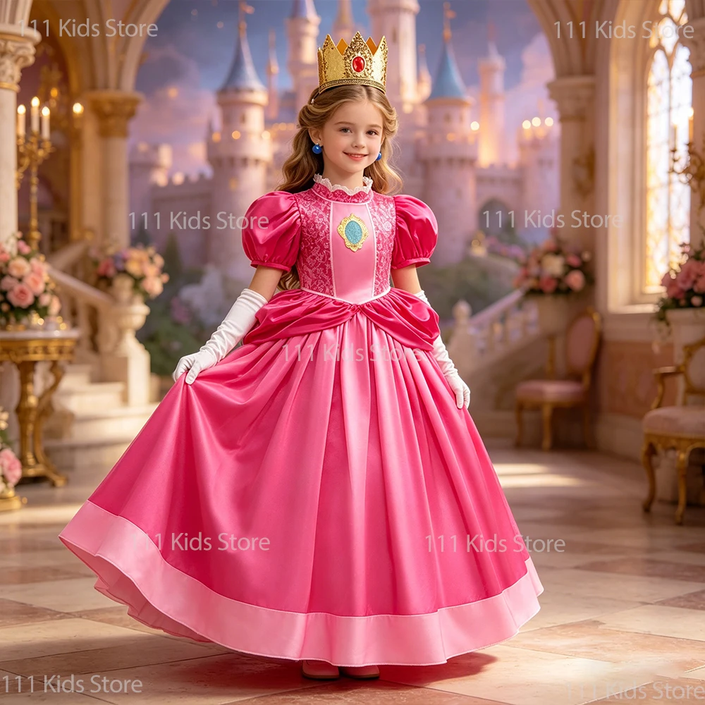 Movie Superbro Cosplay Costume with Accessory Girls Princess Peach Evening Dress Children Summer Perform Outfit Birthday Gift