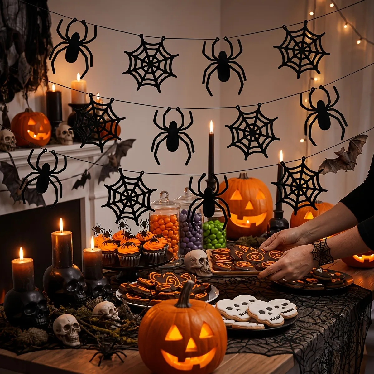 2 sets of Halloween spider web banner garlands, Halloween party home fireplace hanging decorations, 