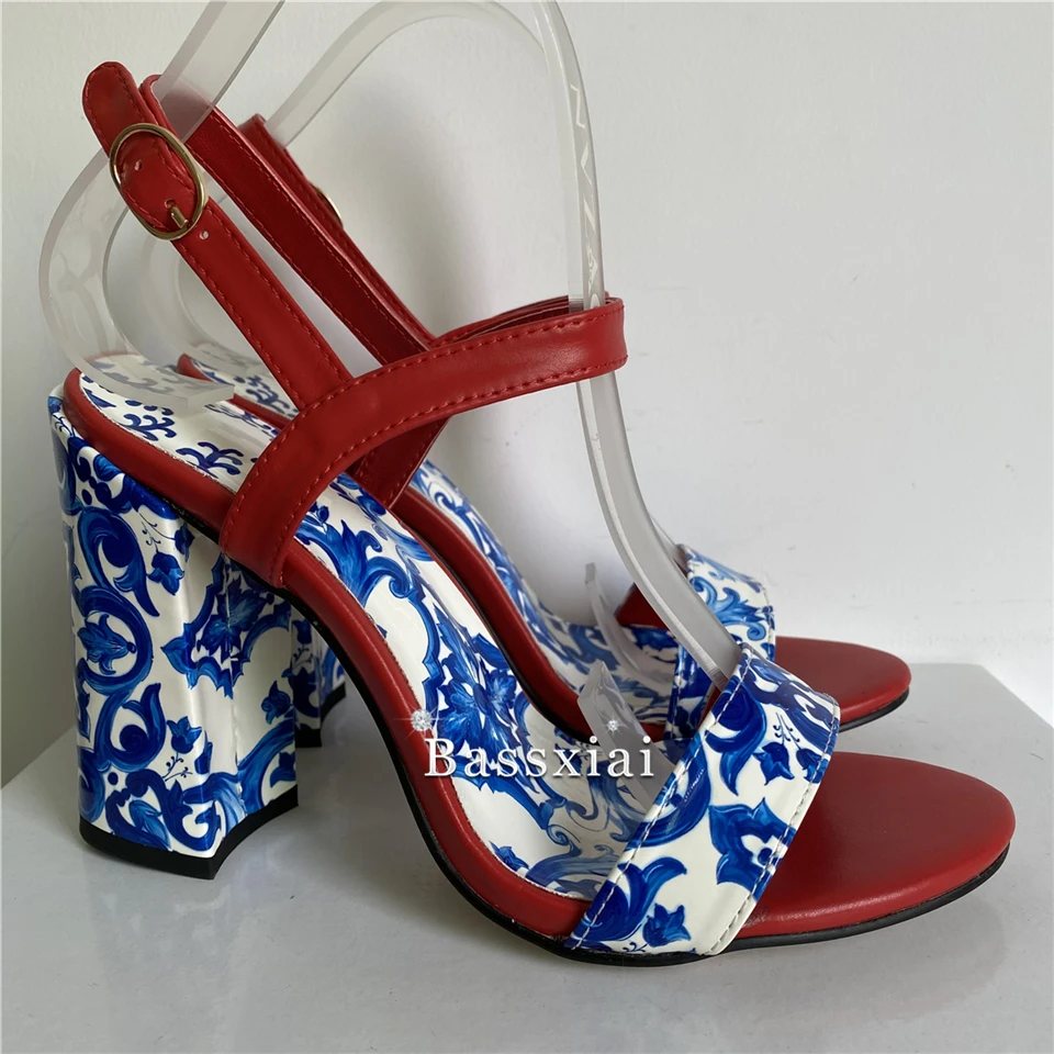 Concise Style Print Sandals Women Ankle Strap Blue And White Porcelain Chunky Heel Summer Shoes For Girls