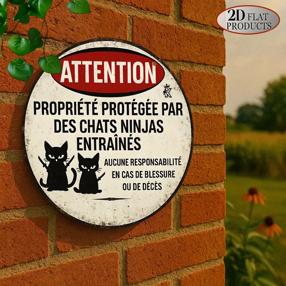 Vintage Funny French Ninja Cats Warning High Definition Metal Wall Art Sign Propriété Protégée Aucune Responsabilité Round Iron
