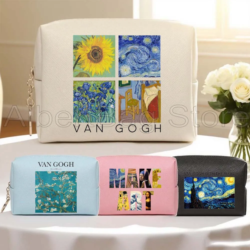 

Make Art Gifts Van Gogh Painting Collage Sunflowers Almond Blossom PU Leather Cosmetic Bag Women Makeup Waterproof Storage Bags