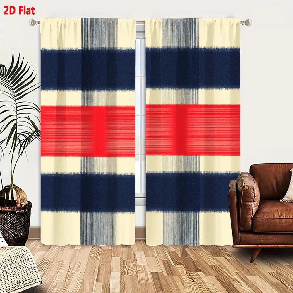 2Pcs Curtains 2D Flat Repeating Grid Pattern With Vertical Horizontal Lines Dark Blue Light Gray Silver And Centrally Placed Red