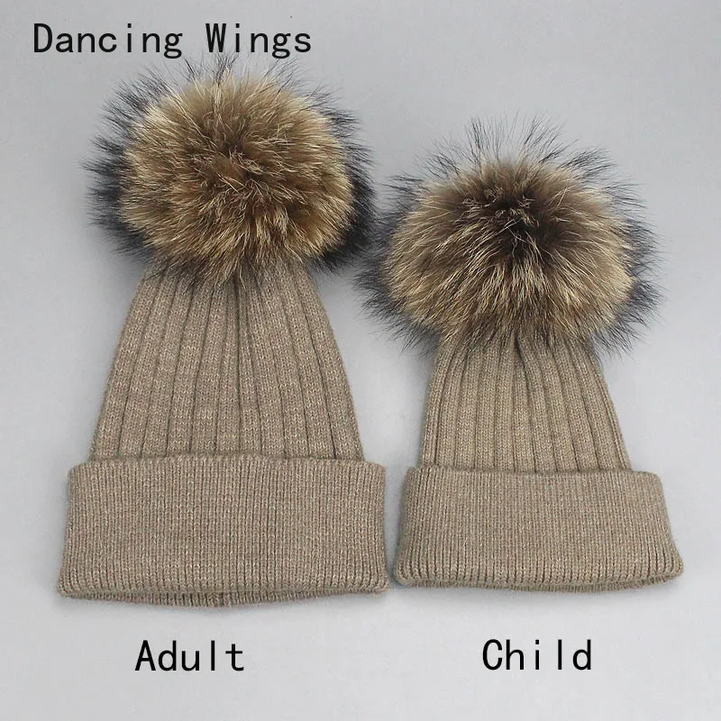 

Big Fur Pom pom Beanie Hat Parent Kids Warm Knitted Winter Hats Baby Girls Boys Real Raccoon Fur pompom Beanies Cap