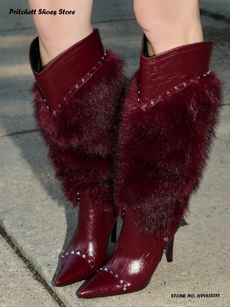 Women's Studded Faux Fur Modern Boots Autumn Winter Pull On Stiletto Knee-high Boots Pointed Open Toe Thin Heels Plus Size Shoes