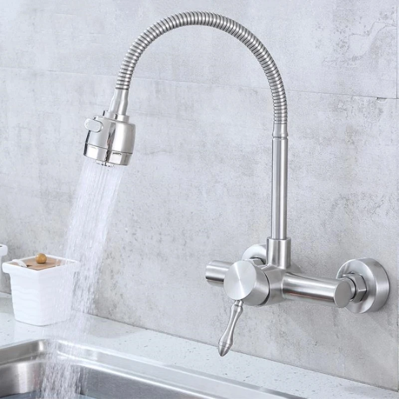 

1PC Wall-Mounted Pull-Down Kitchen Faucet 304 Stainless Steel Nickel Finish Universal Hot And Cold Water Tap for Kitchen Sink