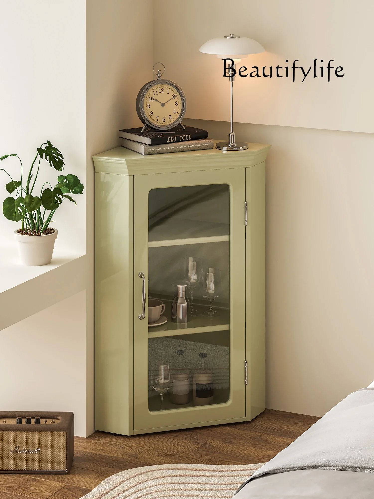 Nl Japanese Retro Cream Triangle Cabinet Corner Storage Bedroom Desktop Glass Display Designer