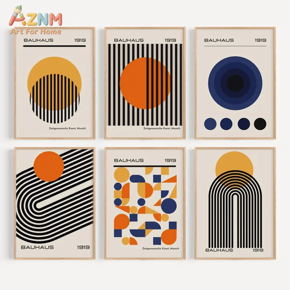 AZNM Bauhaus 1919 Canvas Wall Art Abstract Geometric Circle Line Print Mid Century Modern Living Room Decor Unframed