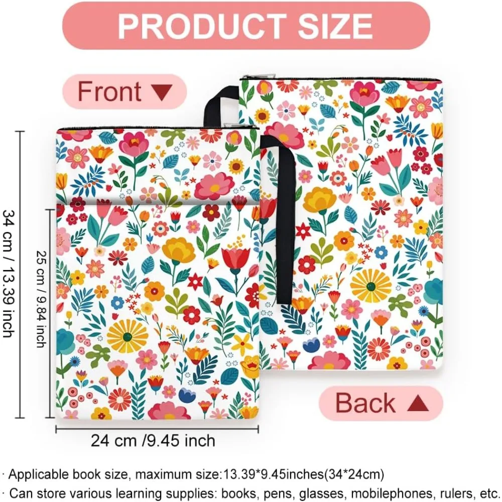 1pc Paperbacks Book Covers 13.4x9.45 inch Floral Print Book Pouches Colorful Flower Book Sleeve with Zipper and Front Pocket