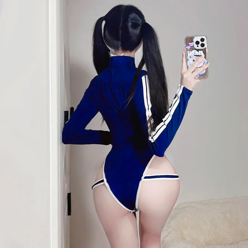 AniLV Anime Student Girl Long Sleeve Bodysuit Halter Playsuits Beach Women Cute Hollow Out School Swimwear Uniform Cosplay