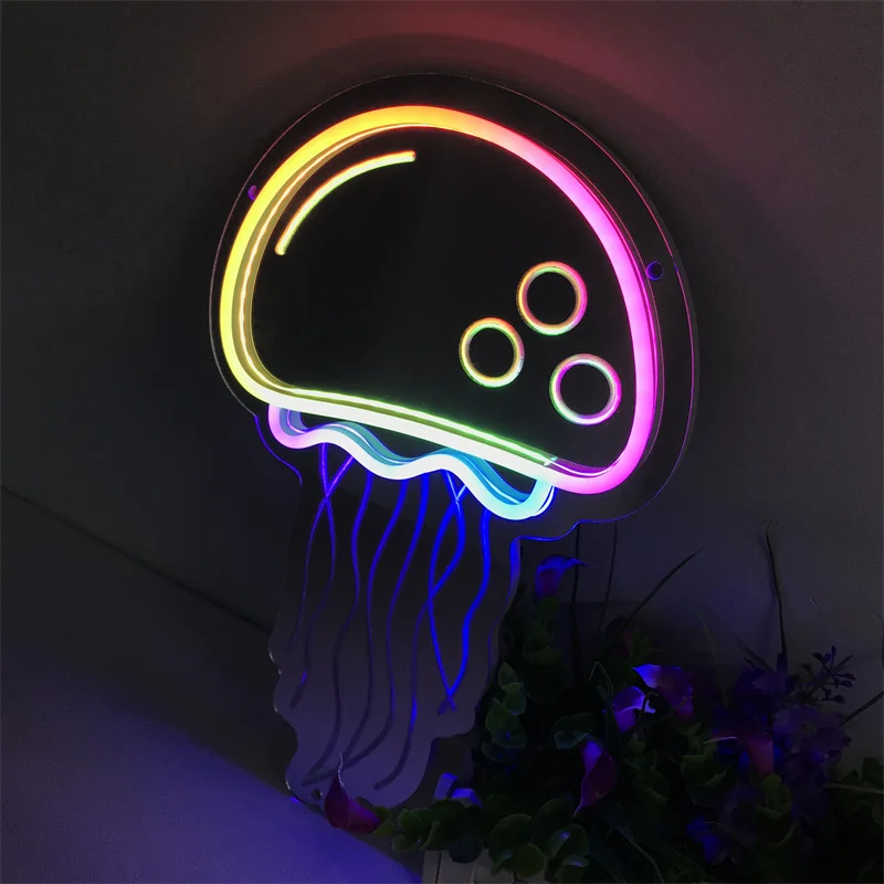 FlINCEF-Lampe LED Méduse Néon Colorée, Signe Miroir, Cadeau d'Anniversaire, Décoration Murale de ix, Décoration de Maison