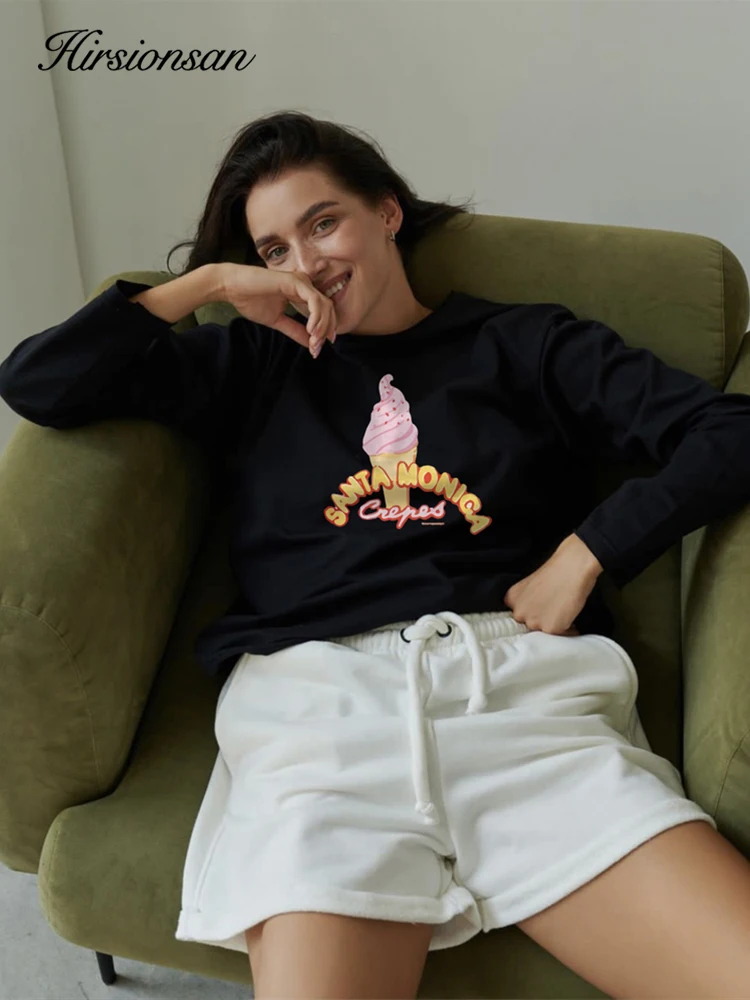 Hirsionsan Vintage Letter Graphic T-Shirts for Women Autumn Soft O-neck Long Sleeve Basic Tees Female Casual Loose Cotton Tops