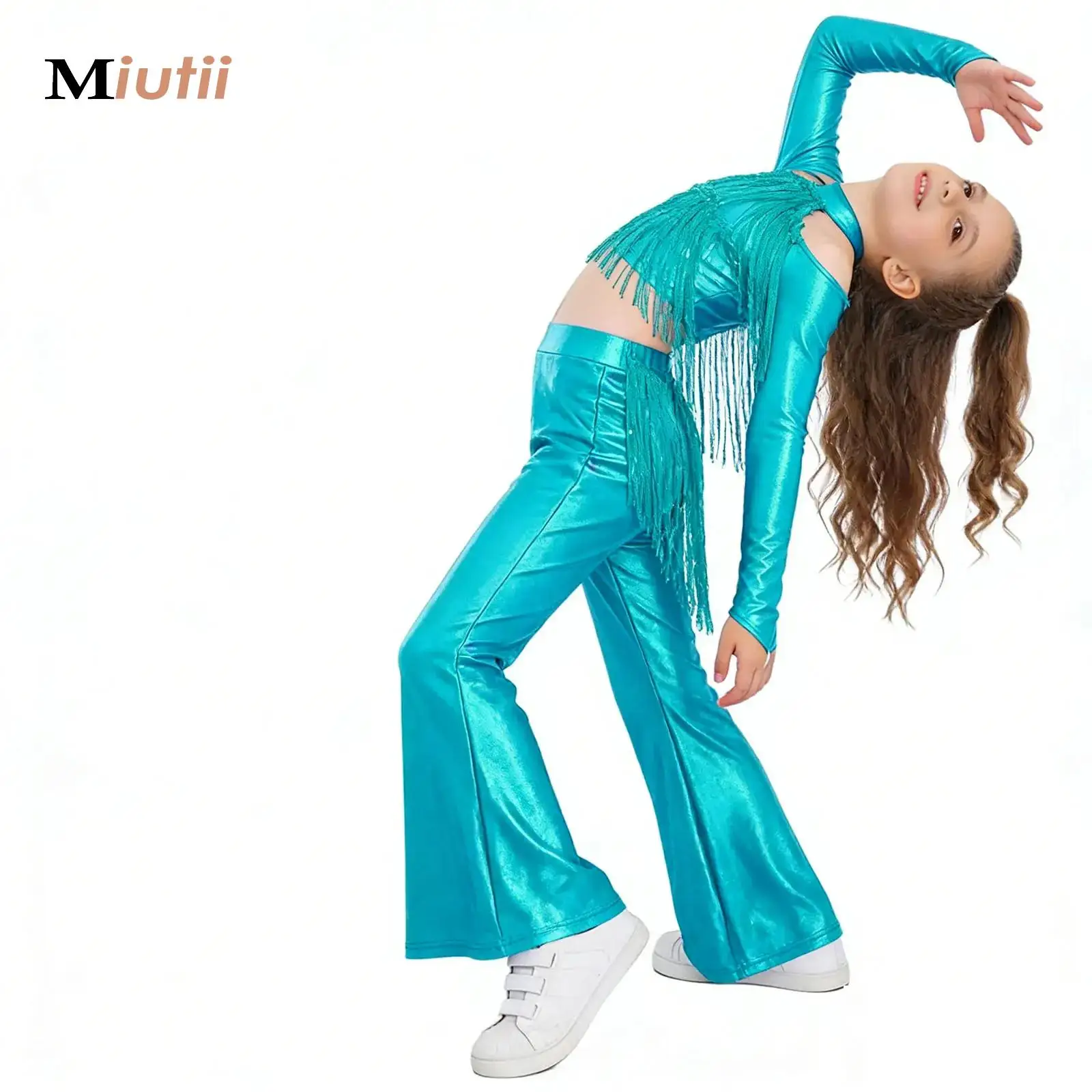Kids Girls Jazz Disco Dancewear Set Metallic Shiny Crop Top with Bell-Bottom Pants Latin Ballroom Ballet Tango Hippie Clothes