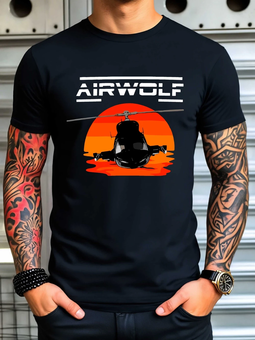 Men'S Airwolf Graphic T-Shirt Black with Helicopter Sunset Design Micro-Stretch Cotton Blend Regular Fit Casual Summer Tee