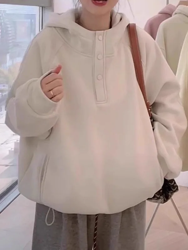 

Утепленная толстовка больших размеров с флисовой подкладкой для женщин: повседневный свободный крой, скрывающий живот, осень-зима