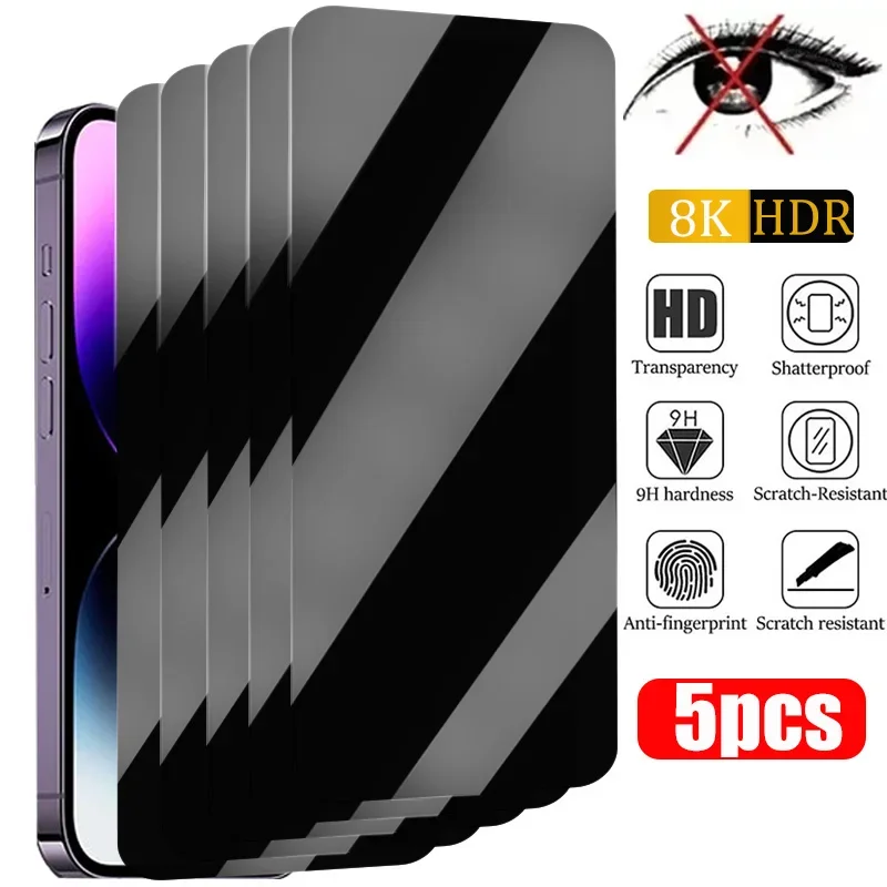 5Pcs 100D Anti-Spy Tempered Glass For iPhone 16 15 14 Plus 13 12 11 Pro XR XS Max Screen Protector Privacy Protective Film Cover