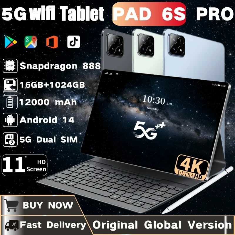 2024 Original Pad 6S Pro Tablet Android14 Snapdragon888 11Inch HD 16GB+1TB 12000mAh 5G Dual SIM Bluetooth WiFi GPS Mi PC Tables