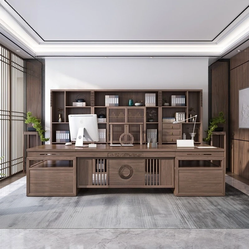 Solid wood boss desk, new Chinese style office chair combination, large office desk, atmospheric CEO office furniture