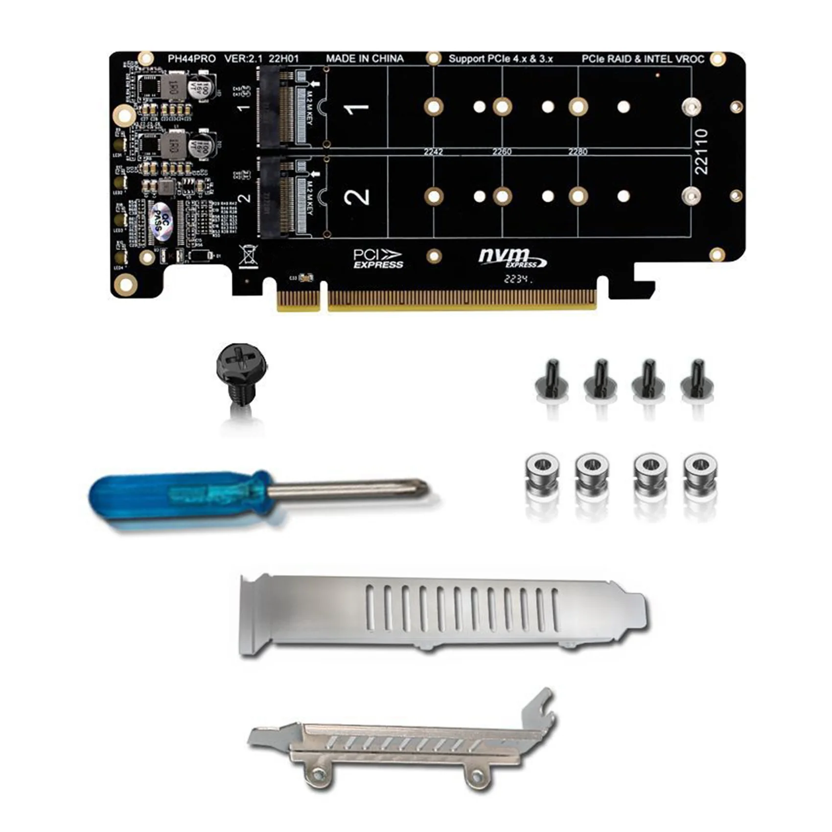 A49T PCIE X16 to M.2 M-Key NVMEx4 SSD 2U Server Riser Card Double-Sided 4-Disk NVME PCI-EX16 Split Card