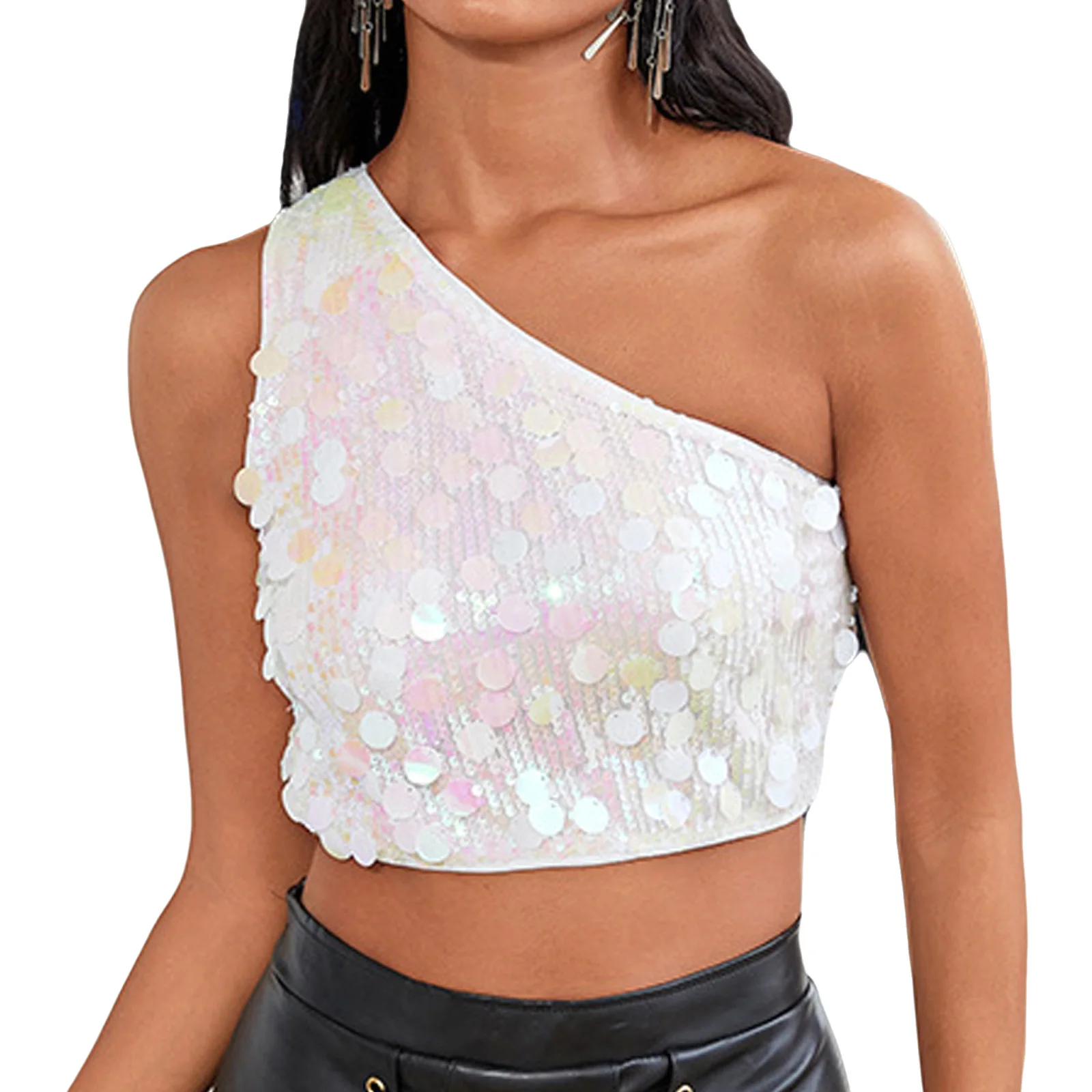 Autumn Street Clothes Womens Glittery Vest Tank Tops Allover Sequin Cropped Tops One Shoulder Sleeveless Slim Crop Tank Tops