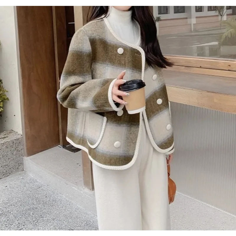 

Высококачественное кашемировое пальто для женщин, короткая шерстяная куртка с круглым воротником и двойной планкой, подходит для осени и зимы