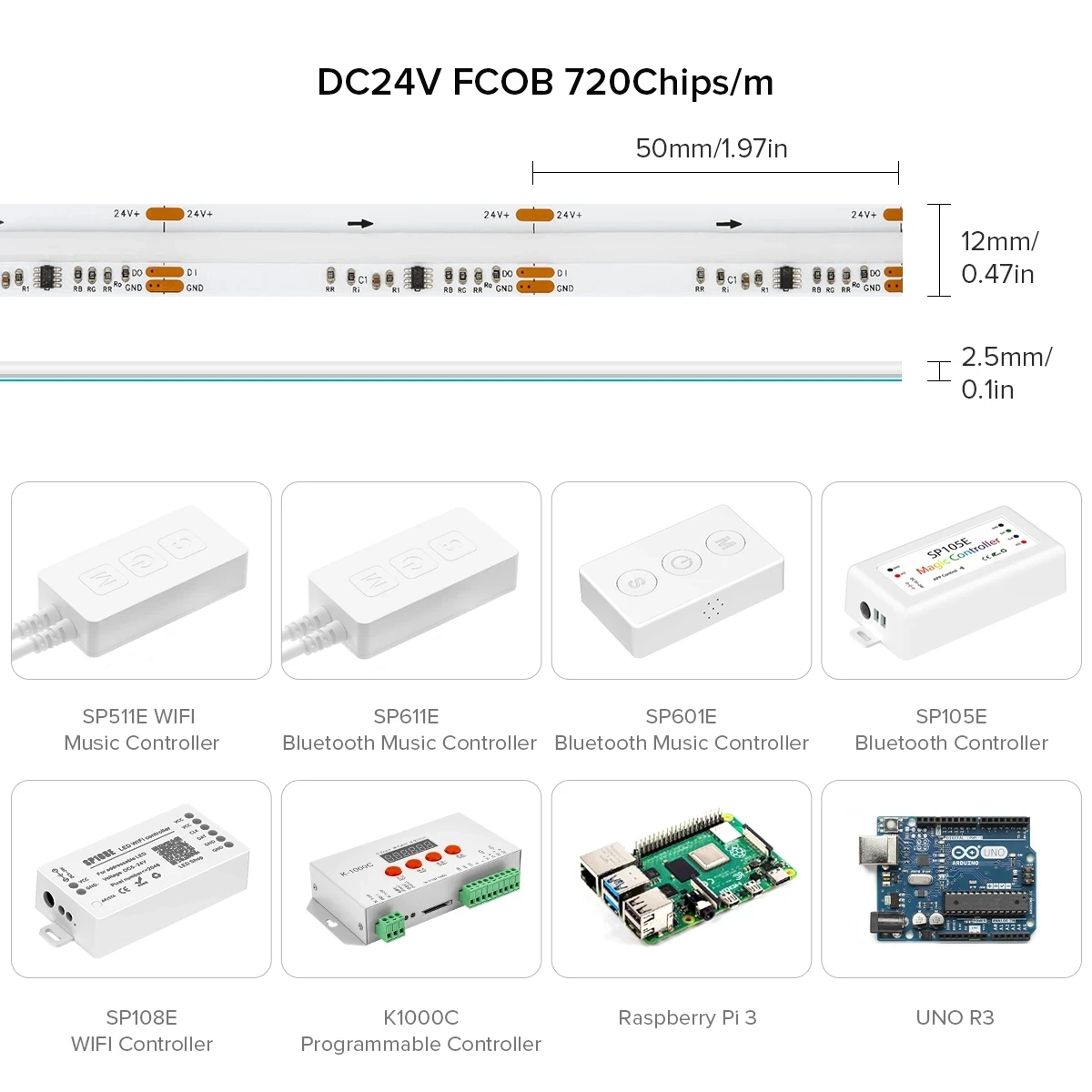 COB RGBIC LED Strip WS2812B Pixel Addressable 720 LEDs RGB Dream Full Color 12mm 24V High Density Flexible FOB COB Led Lights