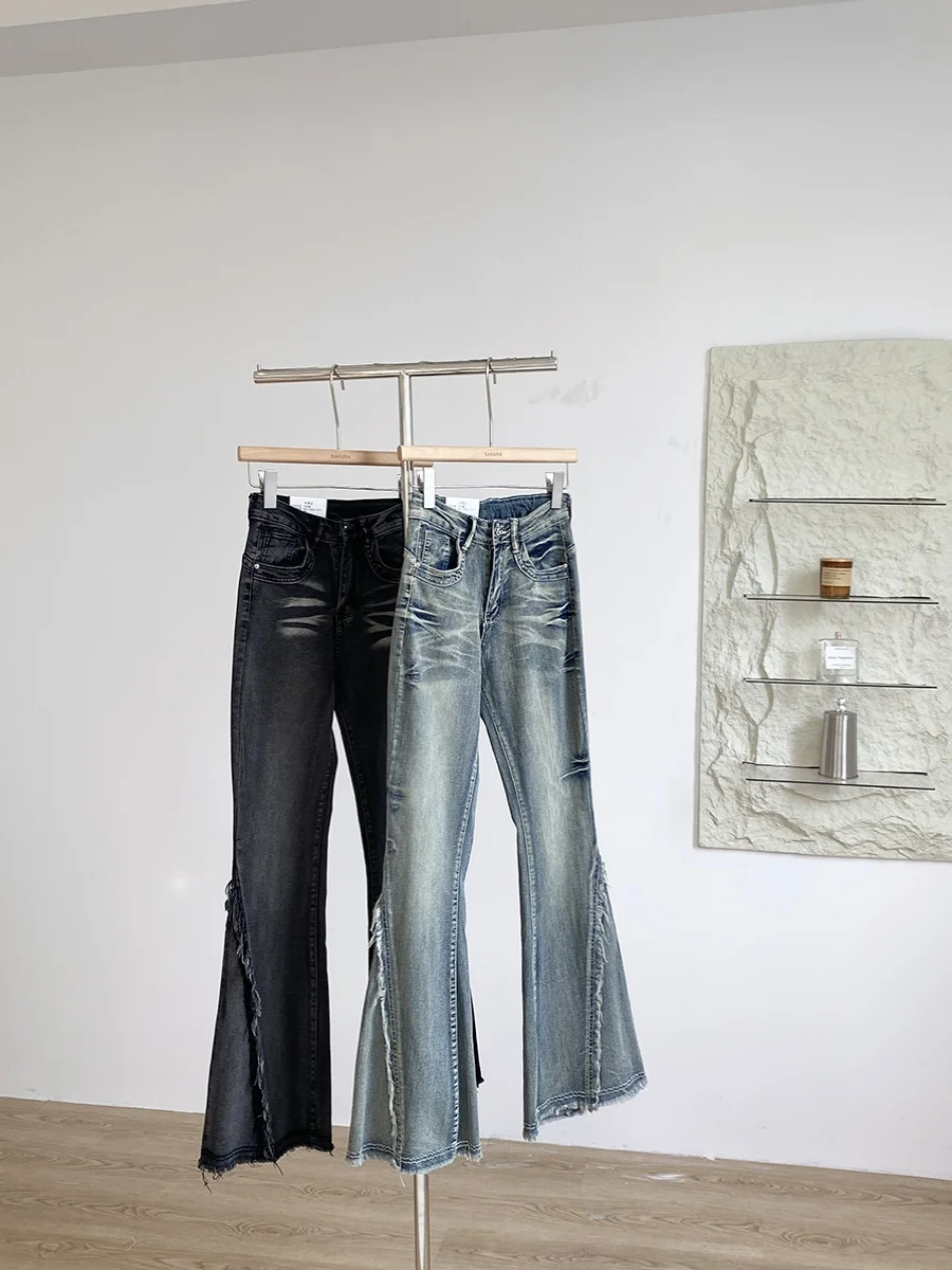 

Spring 2025 High Waist Bell Bottom Jeans Chic Design Personality Denim Flared Pants for Young Women Trendy Leggings