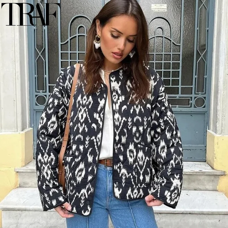 TRAF Coats For Woman Print Short Padded Jacket Vintage Long Sleeve Woman\'s Quilted Jacket Autumn Winter Cropped Jacket Outerwear