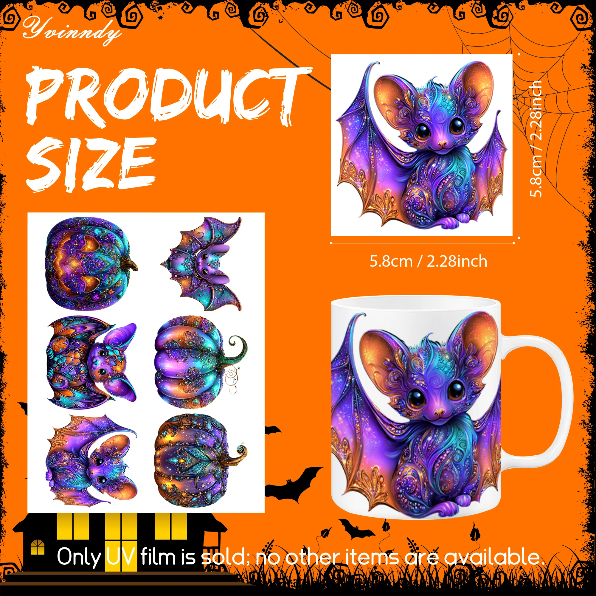12Pcs/Set Holographic Rainbow Pumpkin Bat Glass Jar Packaging Stickers UV DTF High Self Adhesive Transfer Paper
