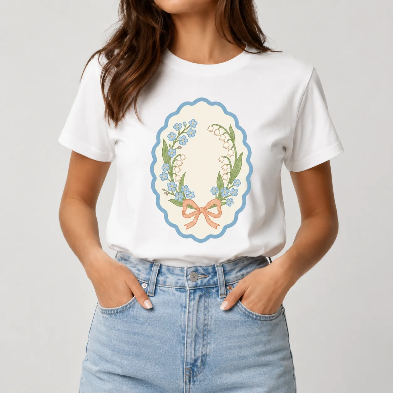 1Pc 100% Cotton T-Shirt Vintage Floral Oval Frame Bow Graphic Print Soft Girl Vacation Tops For Women