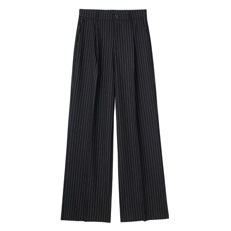 Calças formais femininas escritório wear feminino listrado cinza preto calças mulher cintura alta baggy terno calças casuais calças de perna larga