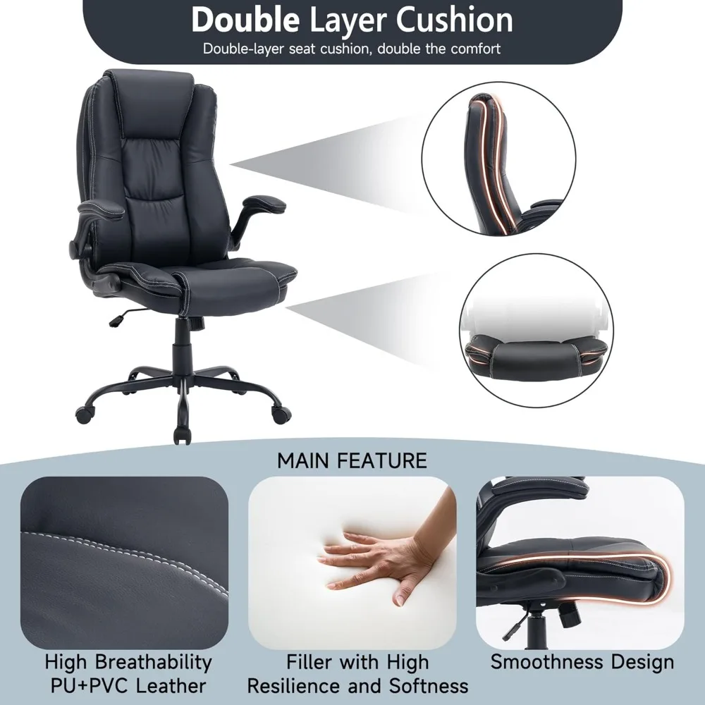 High Back Office Chair, Leather Executive Office Chair, Ergonomic Home Office Desk Chair with Flip-up Arms and Back Support