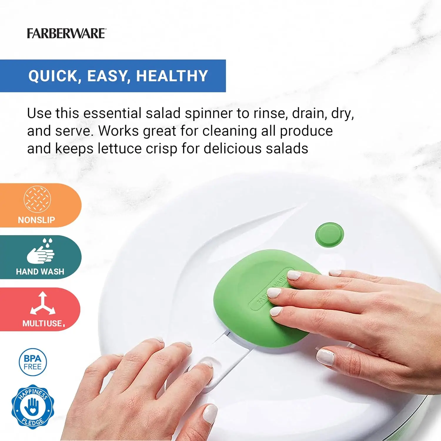 6.6 Quart Green Pump‑Operated Salad Spinner, includes bowl and colander, built‑in draining system, helps make fresh and crisp clean salad and fresh produce.