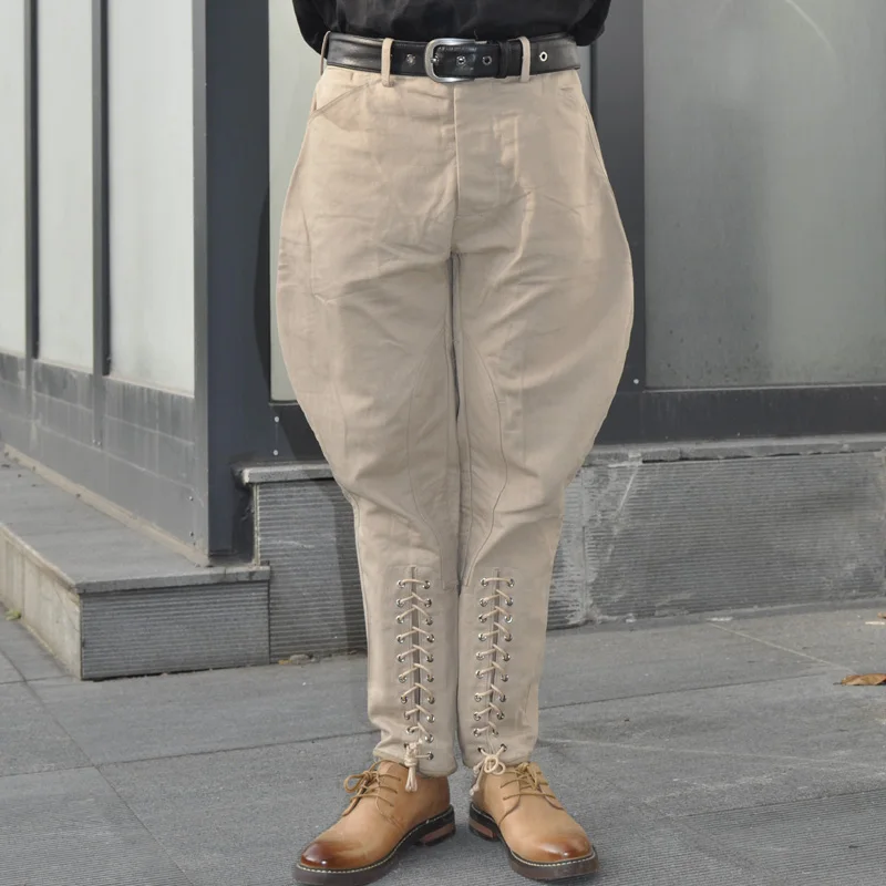 

Ретро-брюки для верховой езды из чистого хлопка, повседневные брюки, модные мужские брюки слим-фит, свободные леггинсы с поясом и манжетами, унисекс, длина 7/8