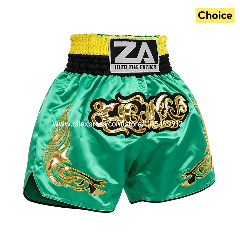 Muay Thai Kickboxing Shorts Green Boxing Shorts Flame Embroidery Satin Men Women Kids Martial Arts MMA Training Sparring Pants