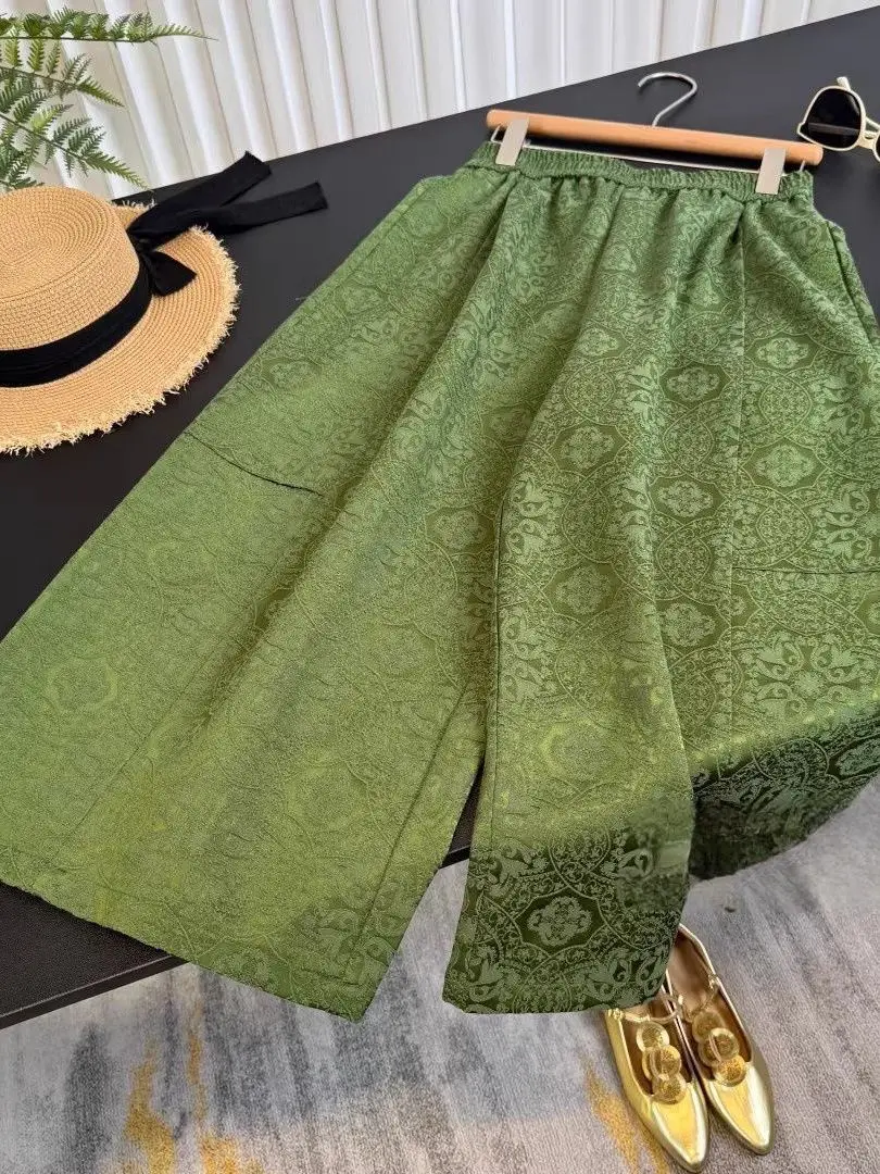

plus Size Women's High Waist Loose Casual Floral Embroidery Wide Leg Pants Summer Trendy Chinese Style Straight Cut Nine-Piec...