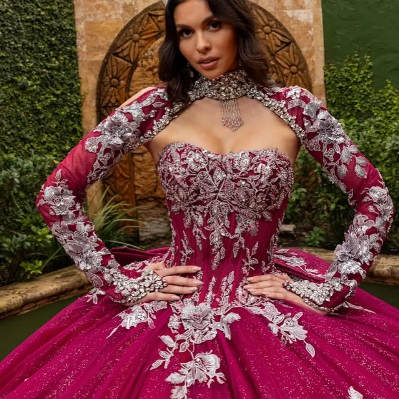 

Shiny rose pink Quinceanera Dress off-shoulder glitter flower decal long sleeves Bow vestidos de 15 Quinceanera ﻿Customize