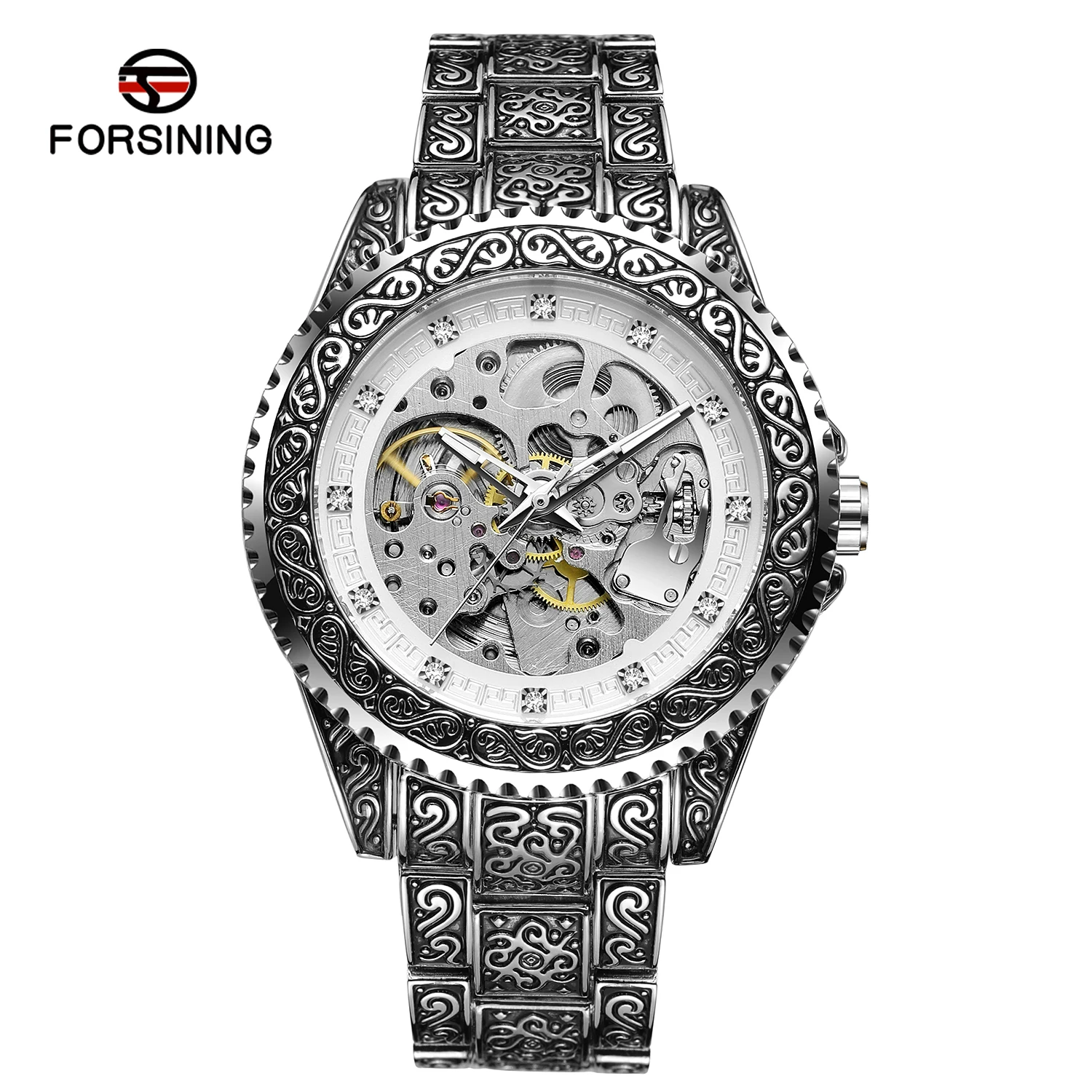 

FORSINING модные крутые мужские автоматические механические часы со стразами в стиле ретро, серебристые, из нержавеющей стали, винтажные часы с резьбой